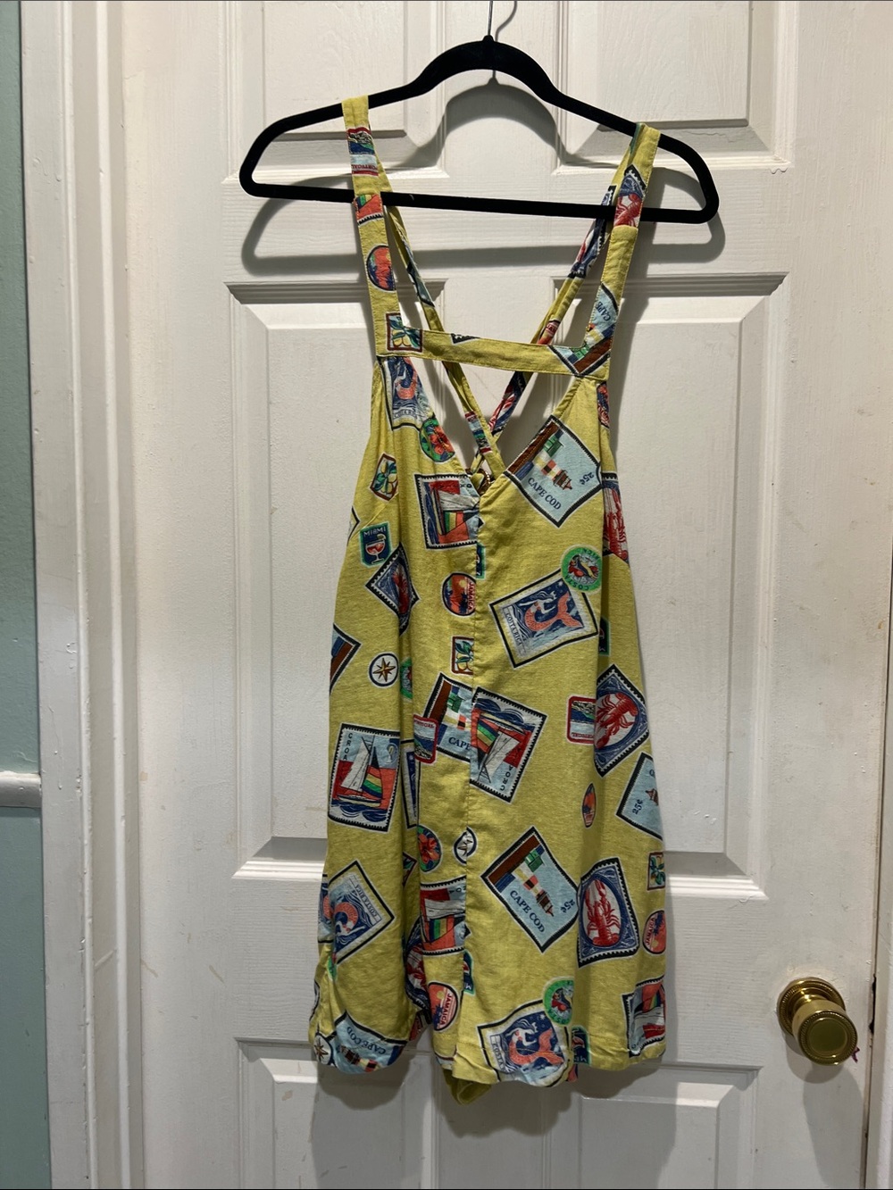 Celandine Yellow Printed Sleeveless Romper with Crisscross Back
